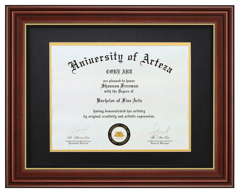 CORE ART Diploma Frame, 8.5x11 Inch with Double Mat or 11x14 Inch Without Mat Display for Document Frame, Natural Solid Wood Certificate Frame with Golden Rim, Semi-Tempered Glass Panel. - Image 1